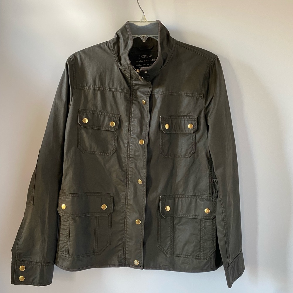 J.Crew Resin-Coated Field Jacket Olive Green Utility Boyfriend Fit Size L